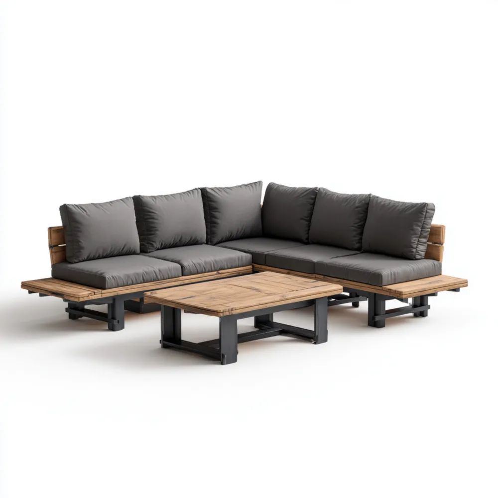 Ensemble de canapé d'angle en bois et métal 200x75x70 cm – Bois et Gris Foncé – Design moderne-Decoramira