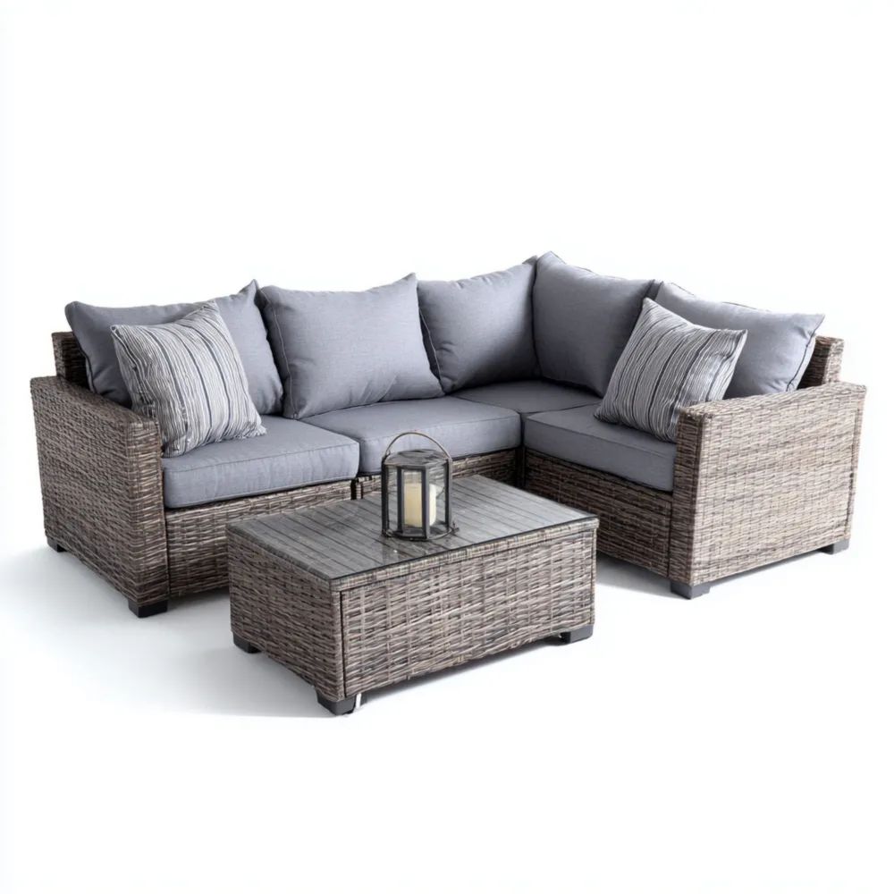 Ensemble de canapé d'angle en rotin 210x75x60 cm avec table basse 90x50x35 cm – Gris – Design moderne-Decoramira