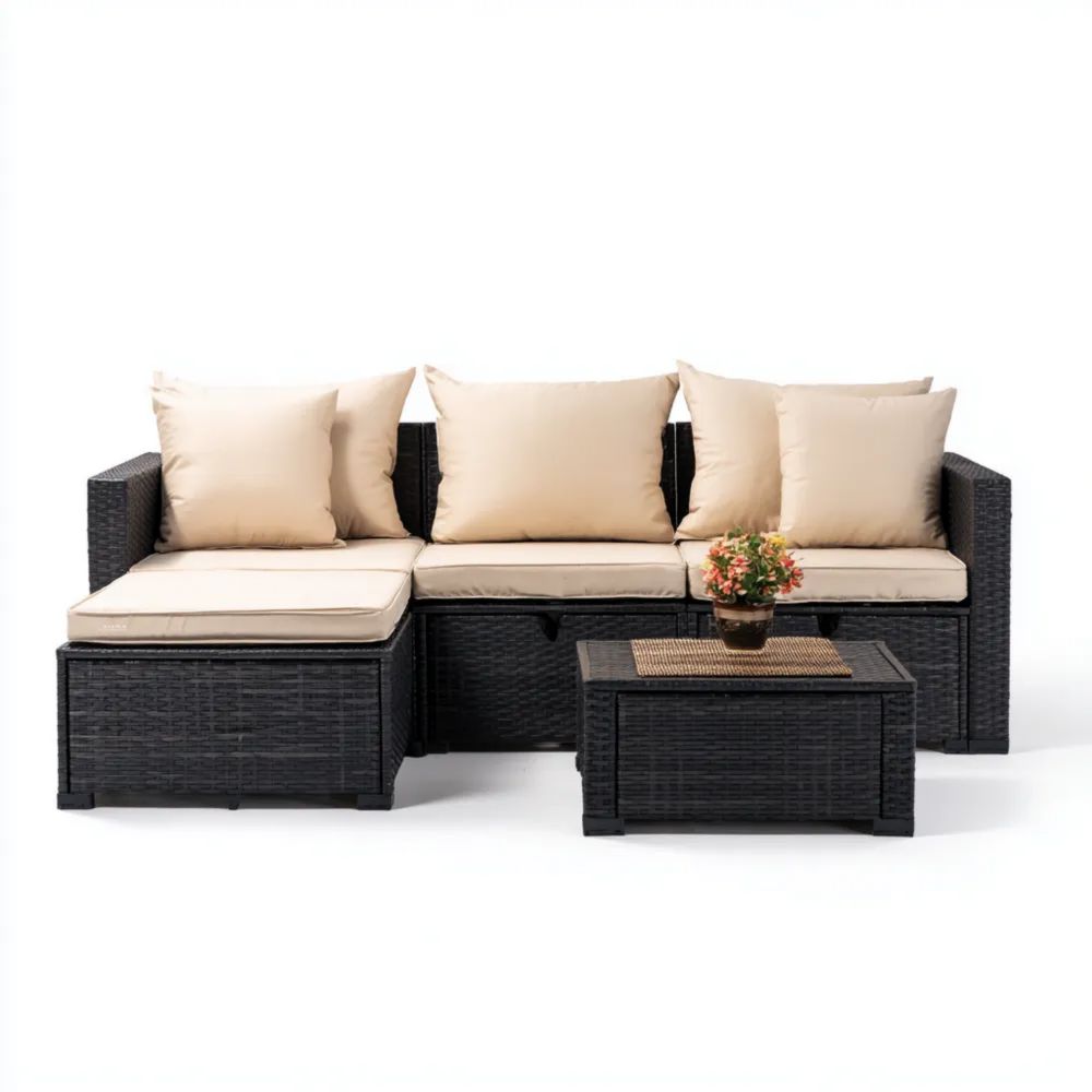 Ensemble de canapé de jardin en résine tressée Noir 190x70x66 cm avec coussins Beige-Decoramira