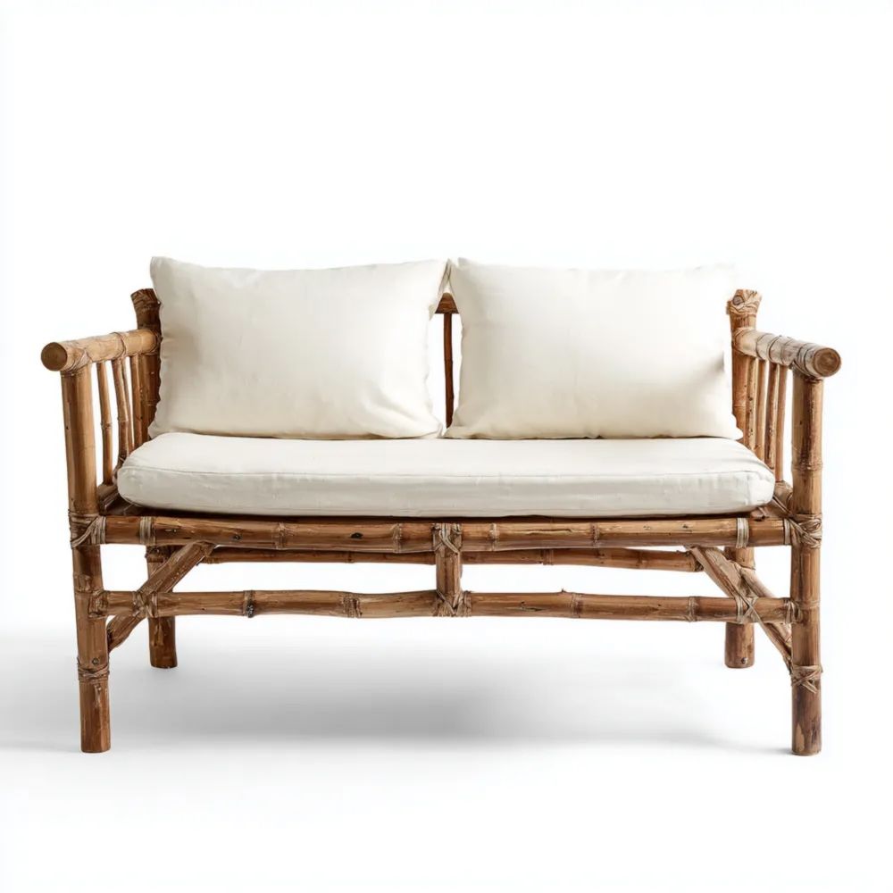 Canapé de jardin bambou 120x80x75 cm 2 places – Crème – Style naturel-Decoramira