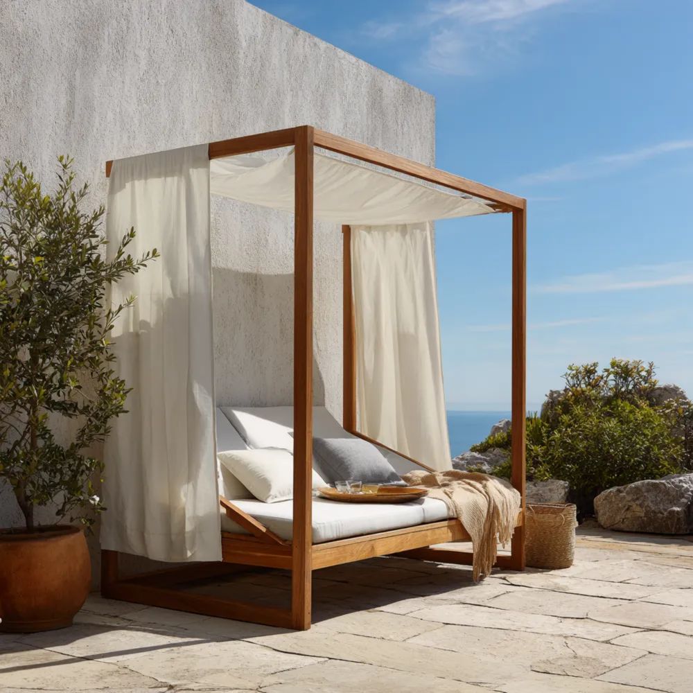 Lit de jardin en bois avec rideaux 200x150x180 cm – Bois/Beige – Design moderne-Decoramira