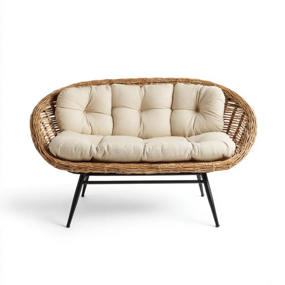 Canapé de jardin 2 places en rotin synthétique 130x78x82 cm - Beige - Design rustique-Decoramira