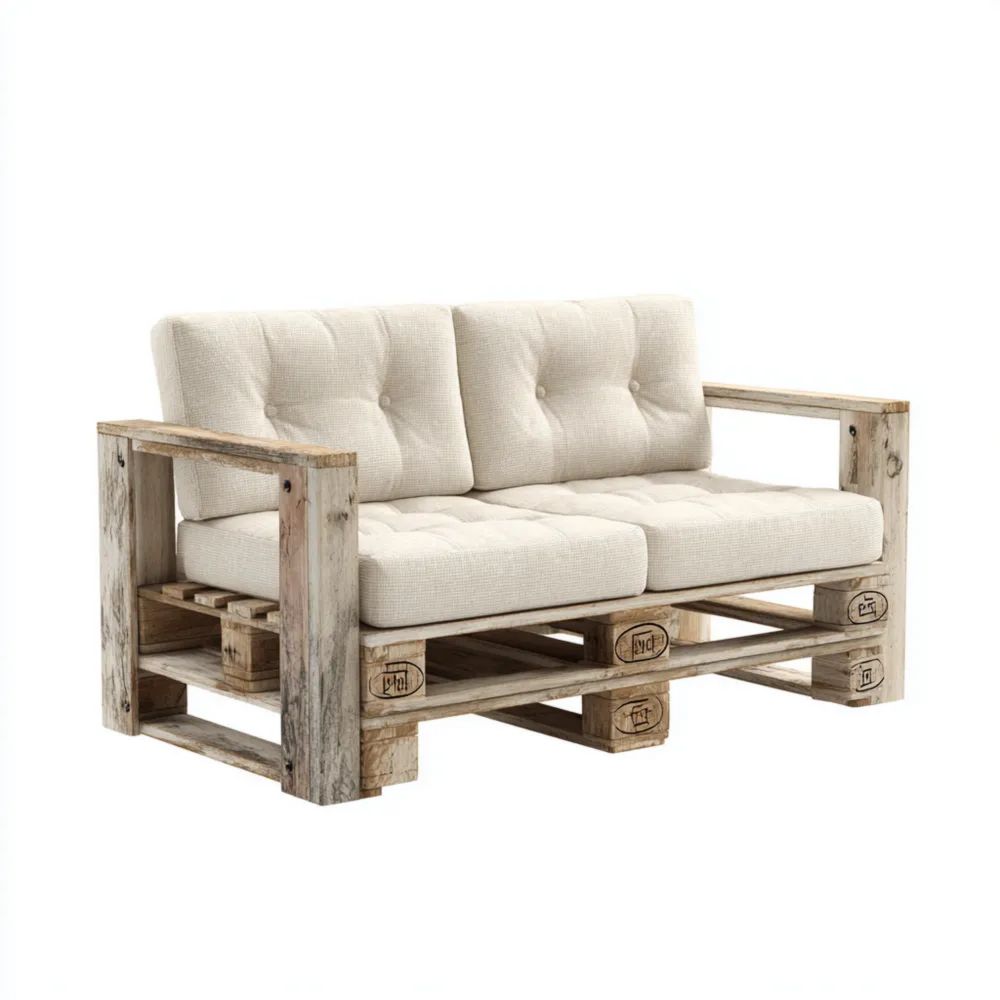 Canapé de jardin 2 places 120x75x80 cm en bois de palette et tissu Beige - Design rustique-Decoramira