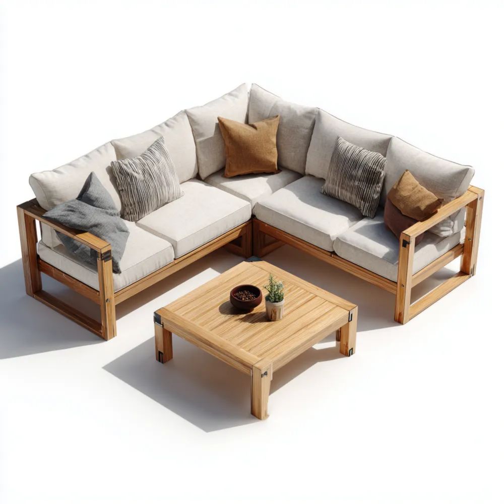 Ensemble de canapé de jardin en bois massif 200x200x85 cm et table basse 60x60x35 cm – Beige – Design moderne-Decoramira