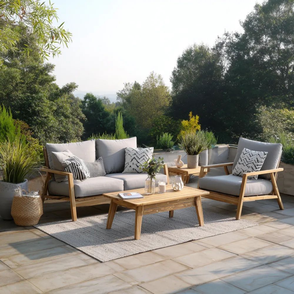 Ensemble de salon de jardin en bois 150x85x90 cm - Coussins Gris Clair - Design contemporain-Decoramira