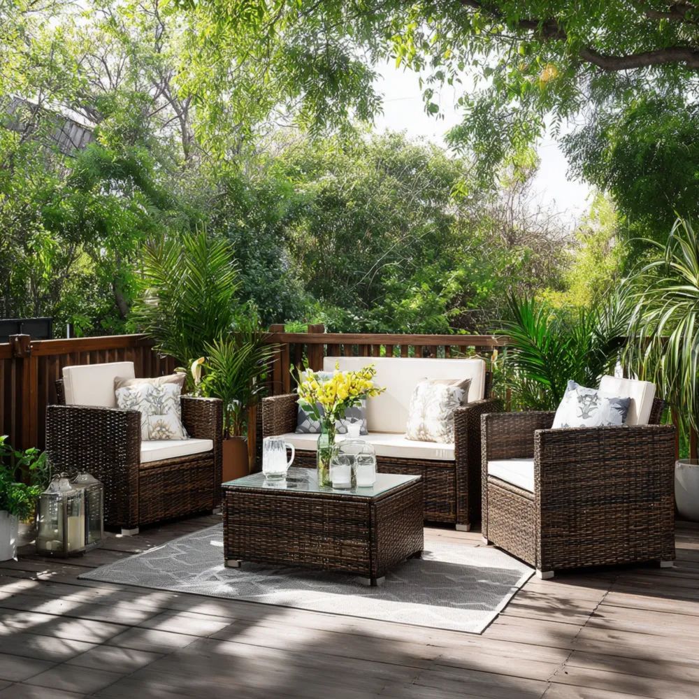 Ensemble de salon de jardin 80x85x60 cm - Résine tressée - Brun/Crème - Moderne-Decoramira