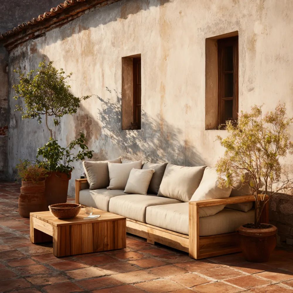 Ensemble de canapé de jardin en bois 220x80x75 cm et table basse 90x60x40 cm - Beige - Design rustique-Decoramira