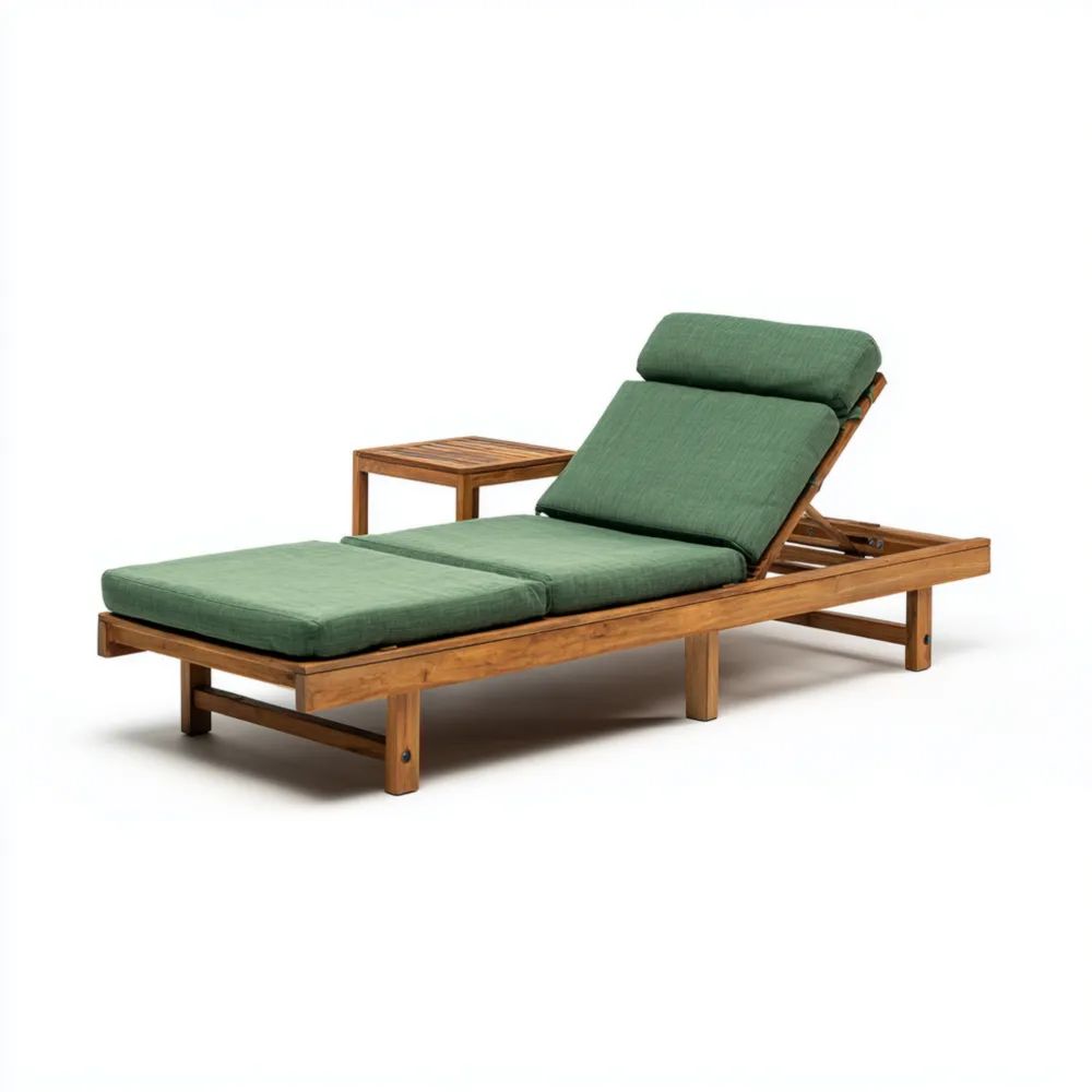 Chaise longue de jardin en bois 200x65x35 cm - Coussin Vert - Design ajustable-Decoramira