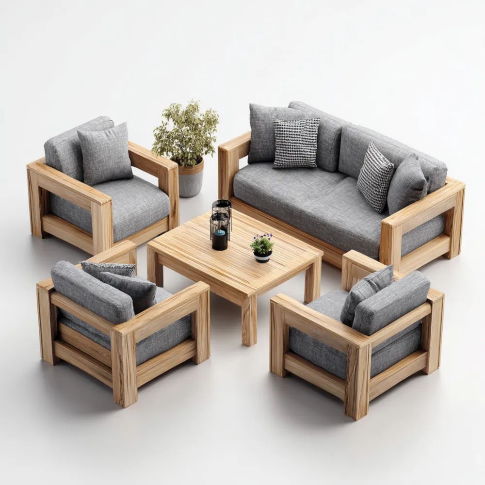 Ensemble de salon de jardin en bois et tissu 210x83x75 cm - Gris/Naturel