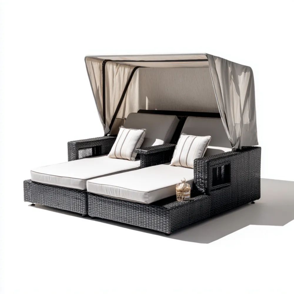 Lit de jardin tressé en résine 200x180x150 cm - Gris/Beige - Toit rétractable