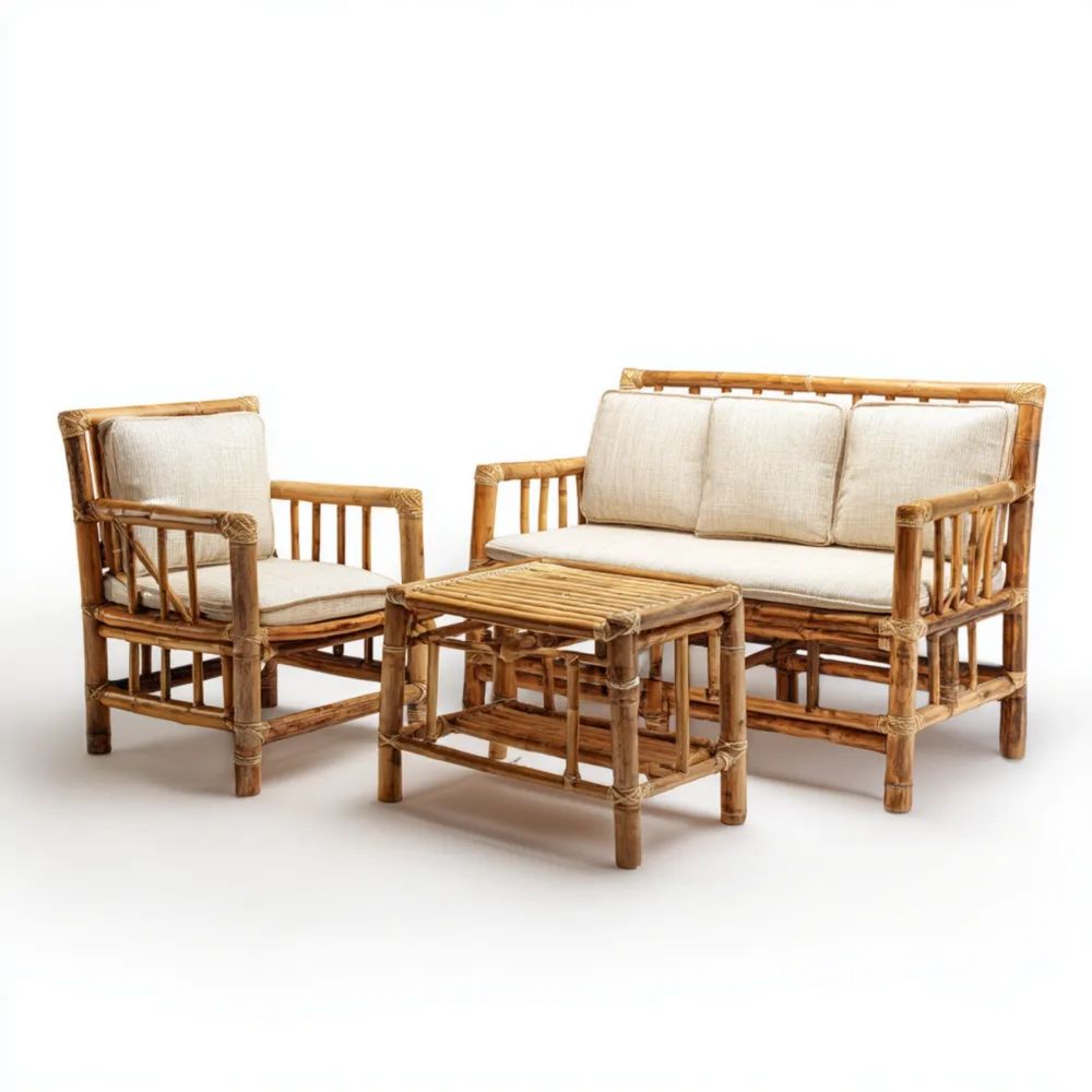 Ensemble de canapé de jardin en bambou 120x75x85 cm avec coussins Beiges – Design rustique