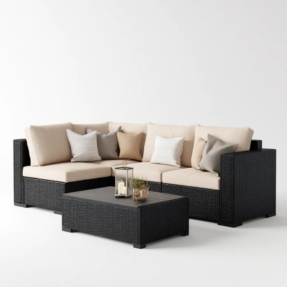 Ensemble de canapés extérieurs résine tressée 210x210 cm – Noir/Beige – Table basse 90x60x35 cm