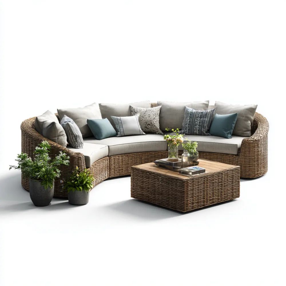 Salon de jardin en rotin 250x80x70 cm - Coussins Gris - Table Basse 90x60x40 cm