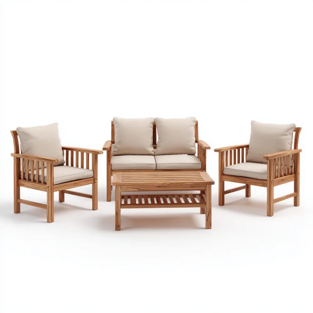Ensemble de salon de jardin en bois d'acacia 120x75x80 cm avec coussins Beige - Design classique