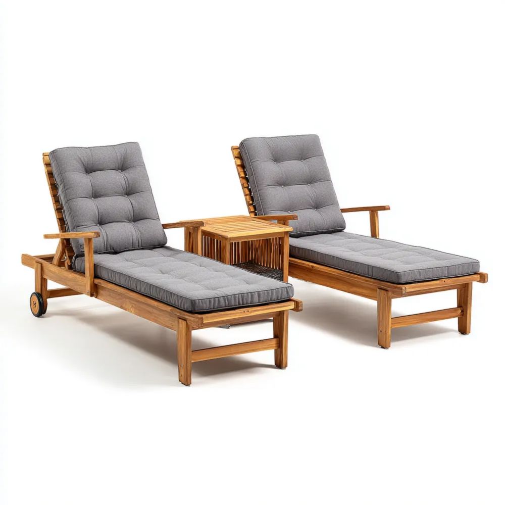 Chaises longues en bois d'acacia 200x60 cm avec coussins et table 40x40x40 cm - Gris - Extérieur