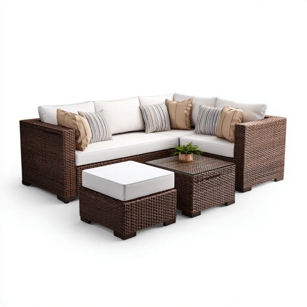 Ensemble de salon de jardin en rotin 210x80x70 cm - Coussins Blancs - Design Moderne