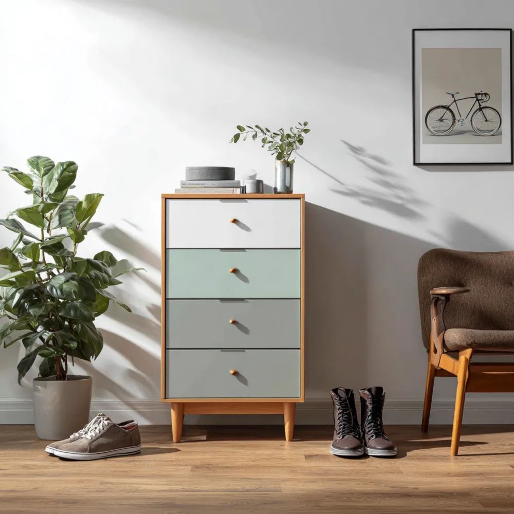 Commode en bois 4 tiroirs 60x40x90 cm – Blanc/Vert/Bois clair – Design moderne