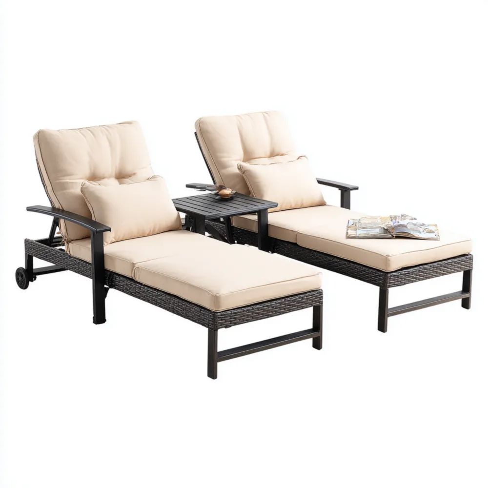 Transat de jardin en osier 200x70x35 cm – Coussin Beige – Ensemble de 2 – Design moderne