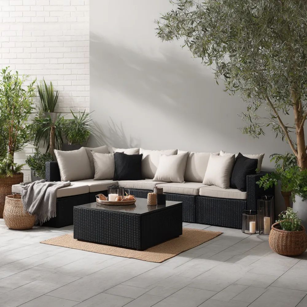 Ensemble de canapé d'extérieur en résine tressée – 260x75x64 cm / 75x75x32 cm – Noir/Beige – Design moderne