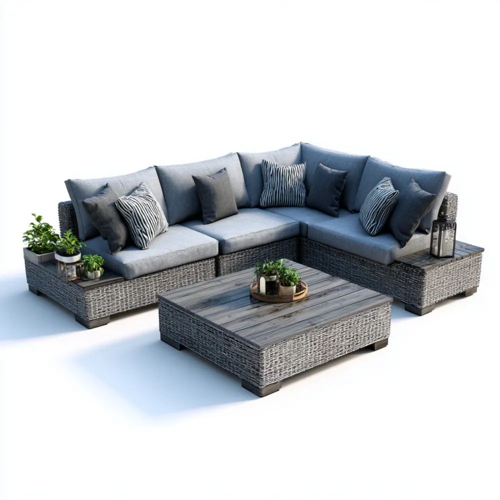 Ensemble de canapés de jardin résine tressée 210x210x65 cm – Gris – Style moderne avec coussins inclus