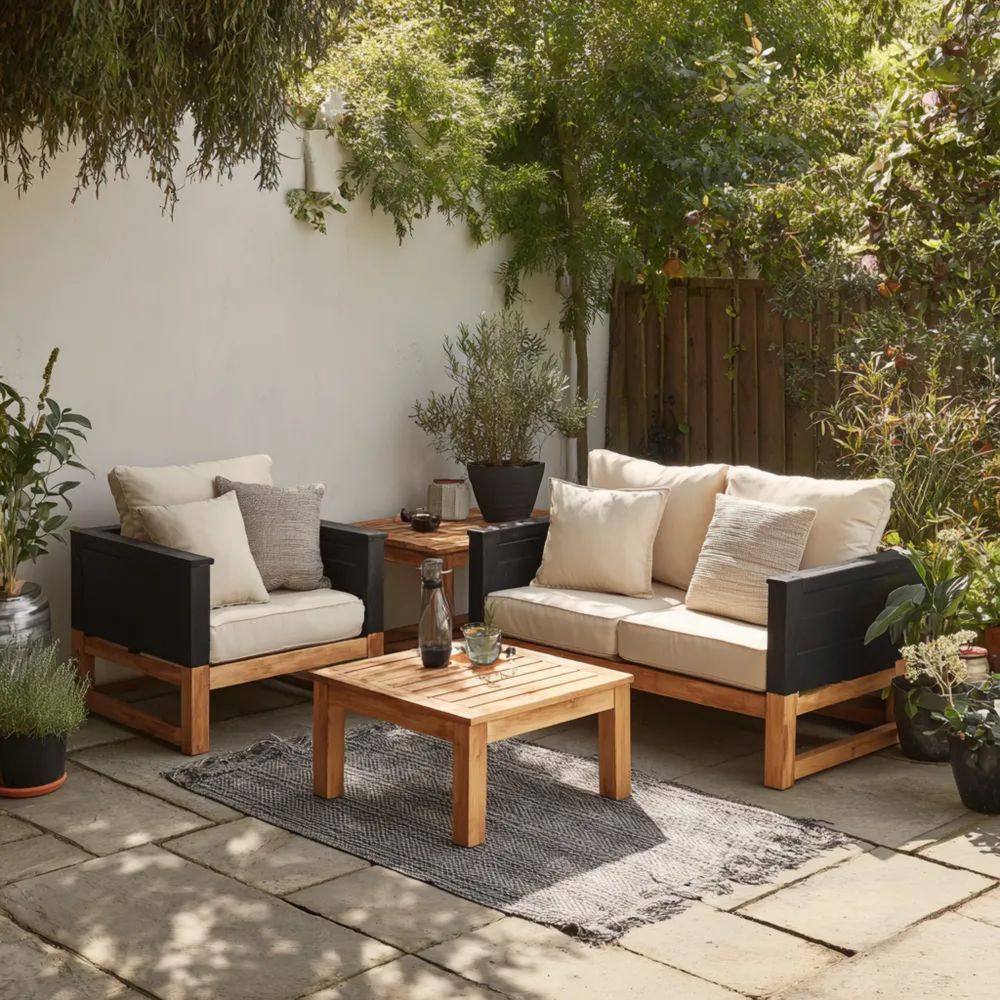 Ensemble de canapés de jardin bois et métal 150x75x80 cm avec coussins - Beige et Noir