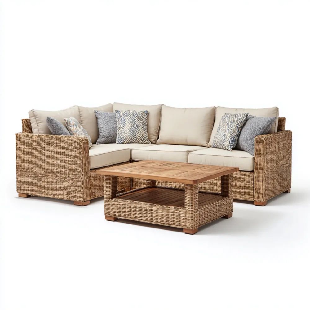 Ensemble de canapé de jardin en rotin synthétique 250x250 cm avec table basse 100x50x45 cm – Beige – Design contemporain