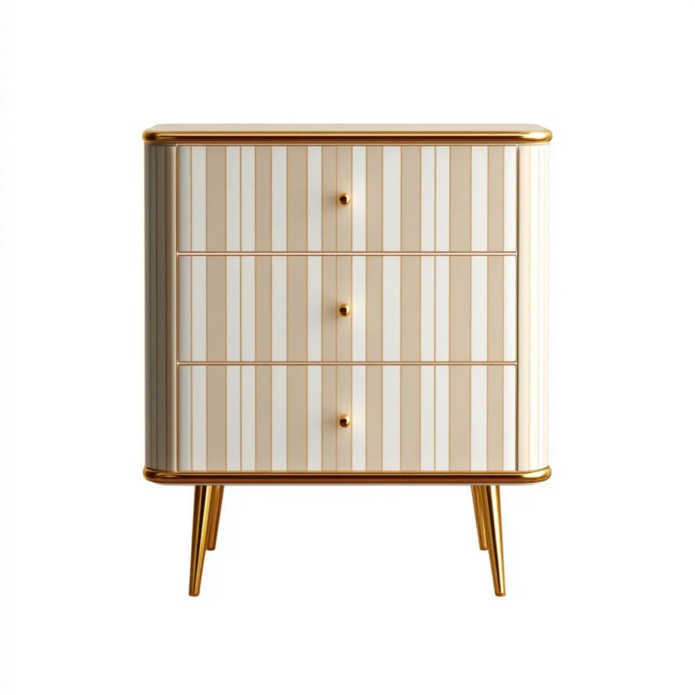 Commode en Bois à Rayures 80x40x90 cm – Beige/Or – Design Moderne