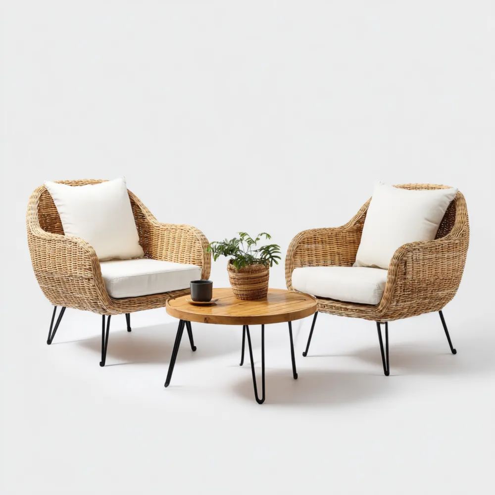 Set de meubles de jardin en rotin synthétique 75x70x80 cm avec table en bois 50x50x45 cm – Beige – Design moderne