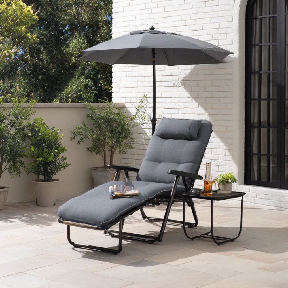 Chaise longue de jardin en métal 190x60x35 cm avec coussin - Gris Foncé - Design Moderne