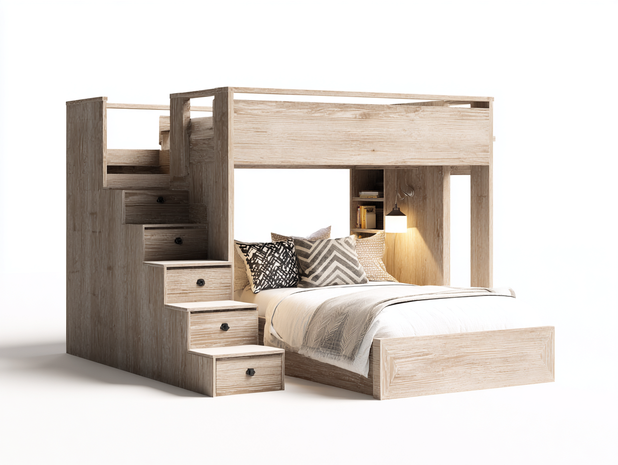 Lits superposés en bois massif avec escalier 200x140x170 cm - bois clair - design fonctionnel pour chambre-Pinegetbay