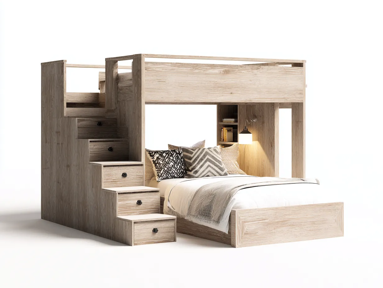 Lits superposés en bois massif avec escalier 200x140x170 cm - bois clair - design fonctionnel pour chambre-Pinegetbay
