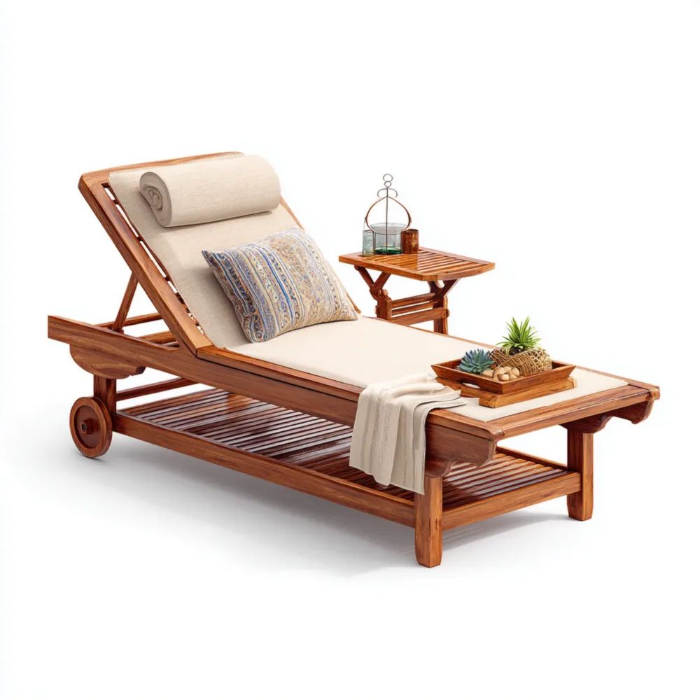 Chaise longue de jardin en bois de teck 200x65x35 cm – Coussin Beige – Design Réclinable