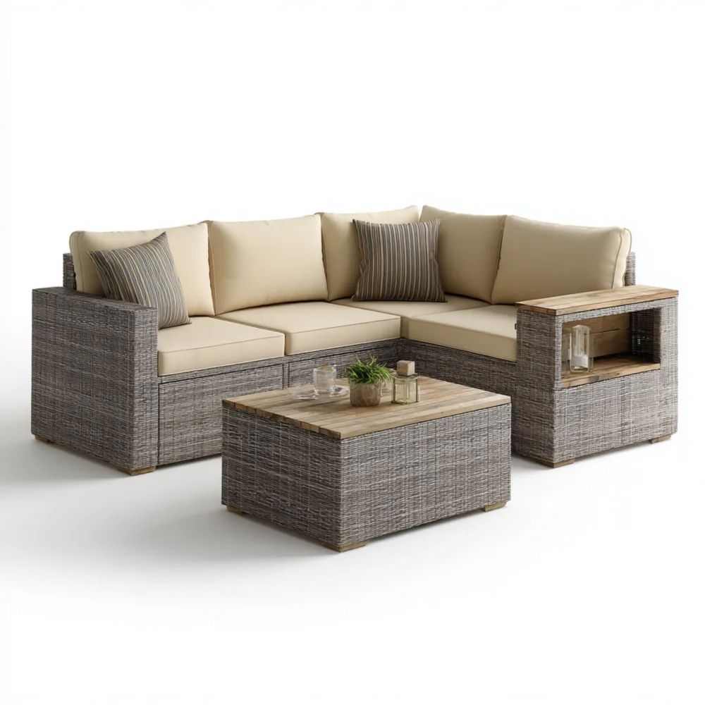 Ensemble de canapés de jardin Résine Tressée avec Table – 180x75x65 cm / 90x60x35 cm – Gris/Beige – Design Moderne
