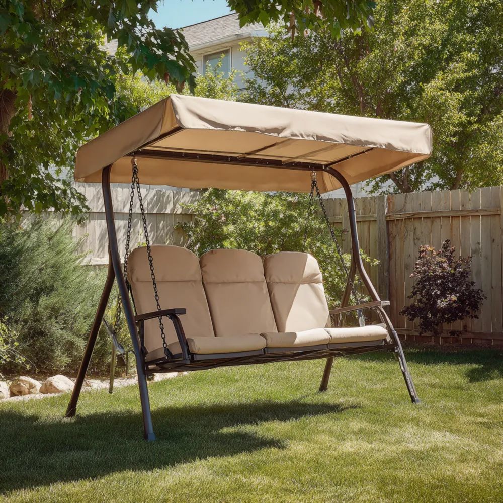 Balancelle de jardin en métal 200x120x170 cm - 3 places - Beige - Design moderne
