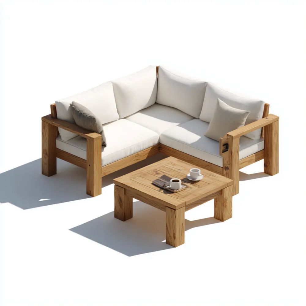 Ensemble de canapé d'angle en bois pour jardin 200x200x75 cm – Blanc cassé – Design moderne