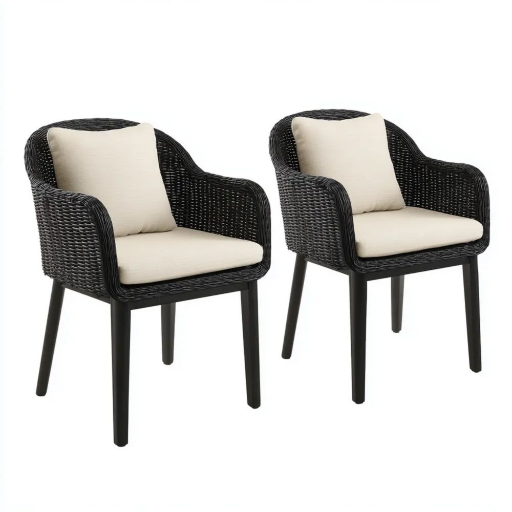 Chaises de jardin en rotin synthétique 60x65x90 cm Noir – coussins Beiges – design moderne