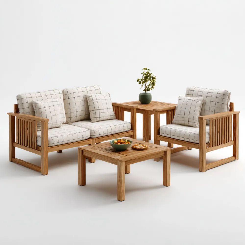 Ensemble de canapé de jardin en bois 120x70x80 cm 4 places avec coussins – Beige – Design contemporain