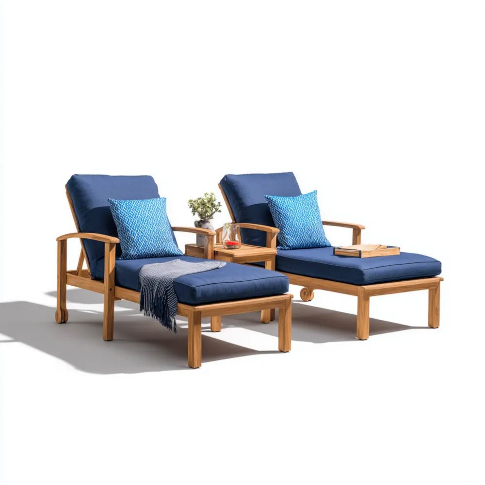 Chaise longue de jardin en teck 200x75x35 cm avec coussins - Bleu - Design moderne