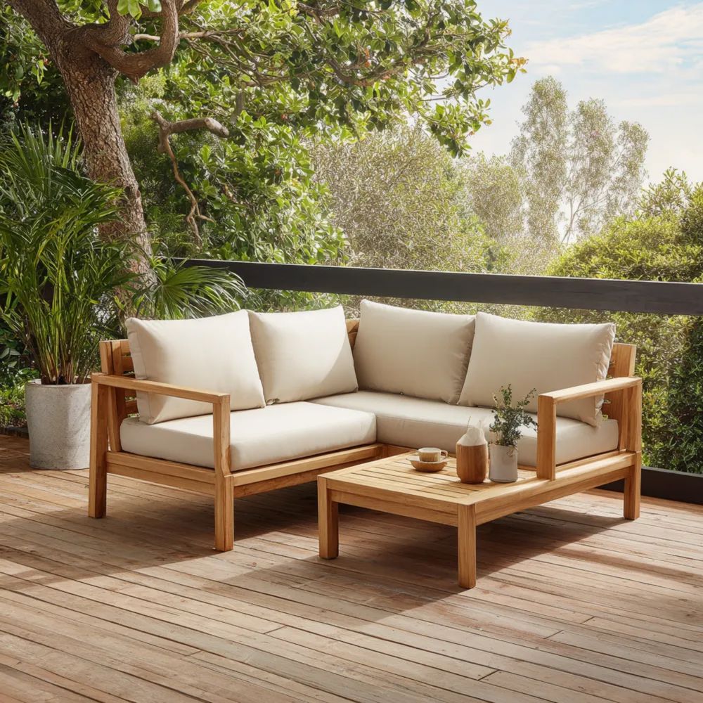 Salon de jardin en bois d'acacia 200x80x70 cm - 80x40x35 cm - Beige