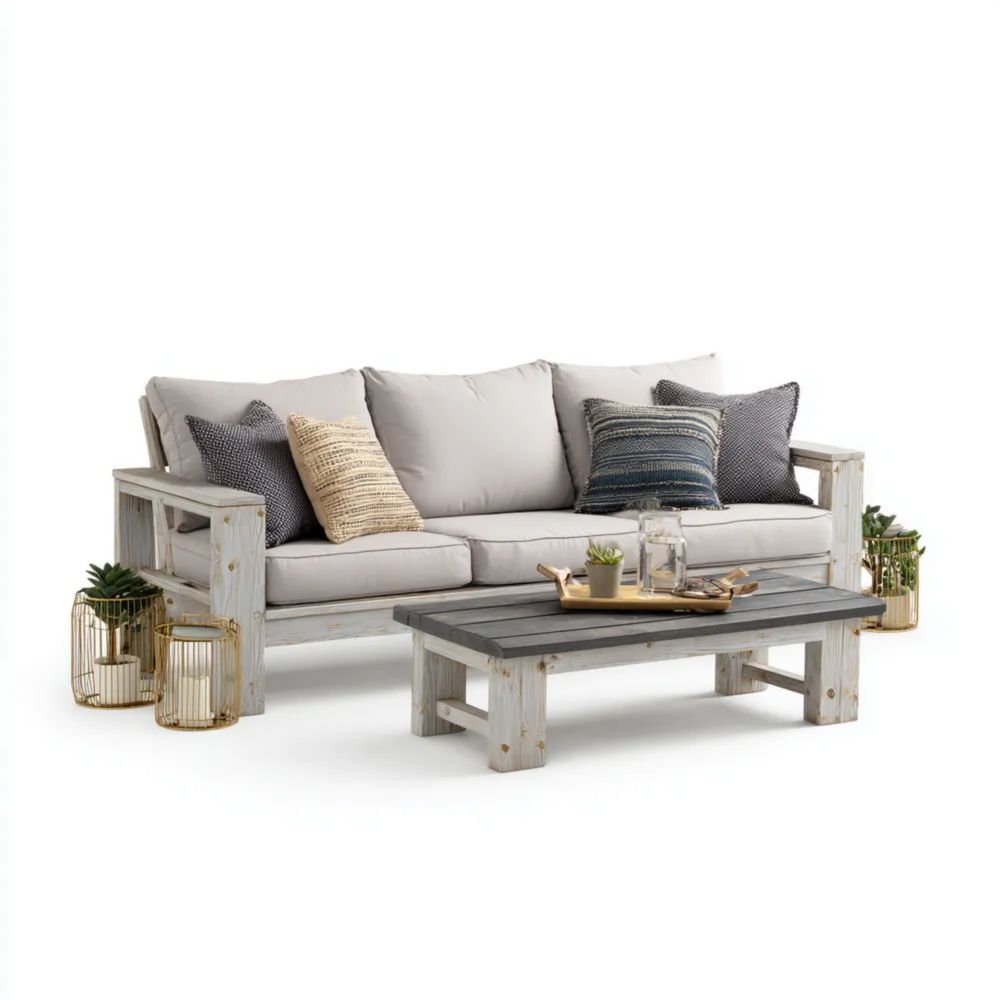 Ensemble de jardin - Bois et tissu - Canapé 180x60x80 cm - Table basse 100x55x40 cm - Gris Clair - Style Rustique