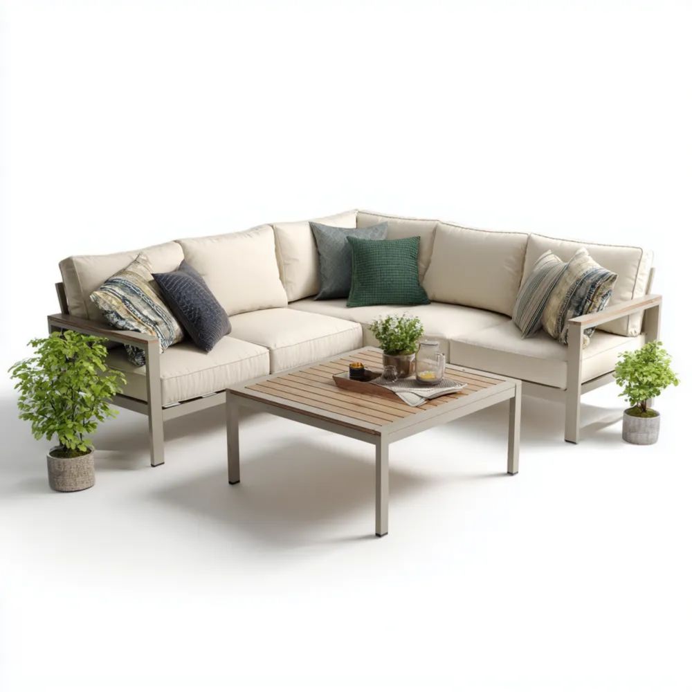 Ensemble de canapé de jardin aluminium 280x210x73 cm avec table basse 90x90x40 cm – Beige – Moderne