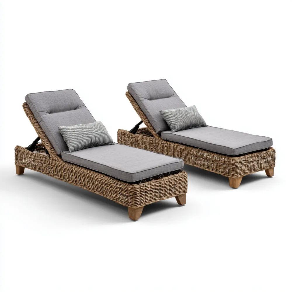 Chaises longues en osier 200x65x35 cm avec coussins Gris - Ensemble de 2 - Design moderne