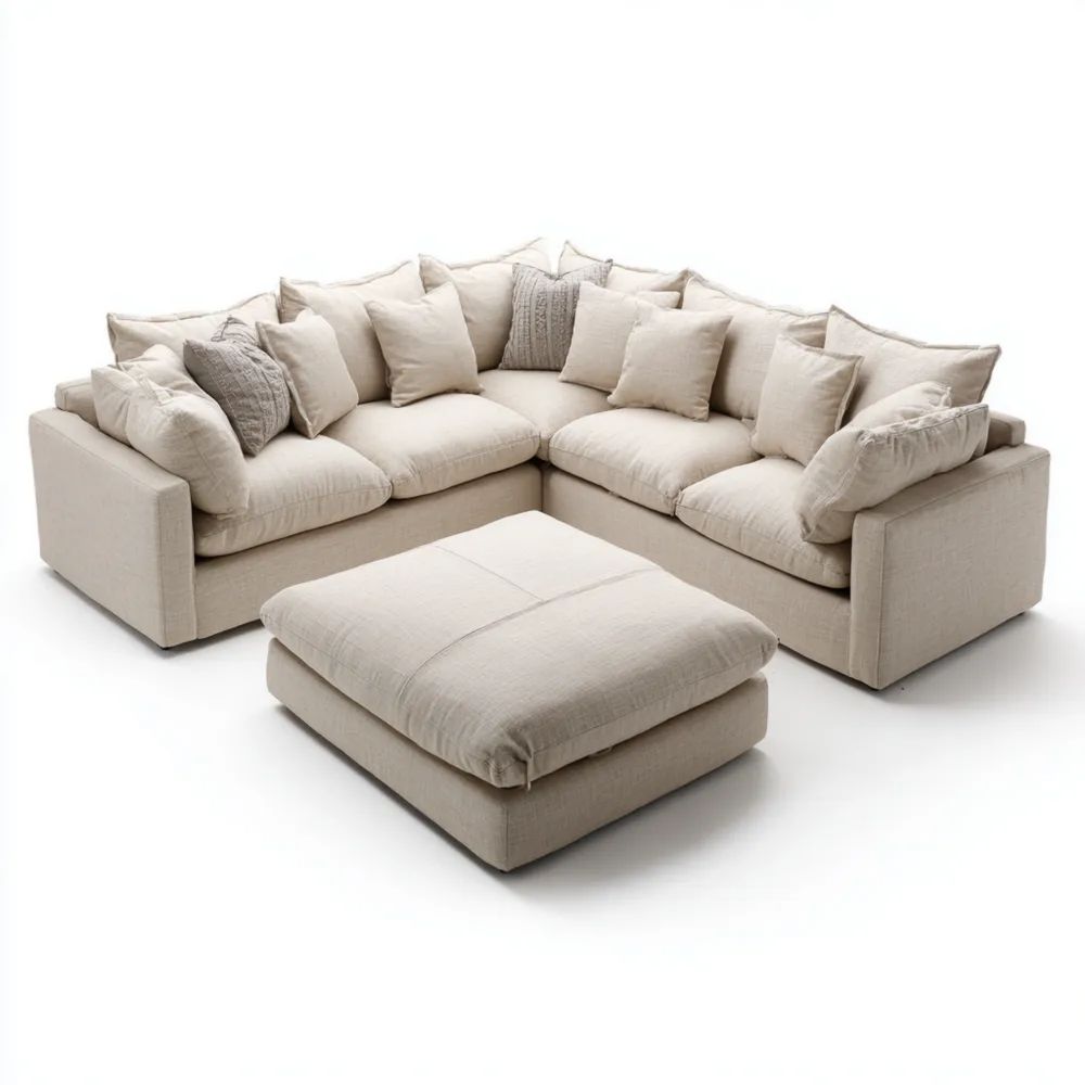 Ensemble de canapés en tissu 200x300x80 cm et Ottoman 100x100x40 cm – Beige – Design Contemporain
