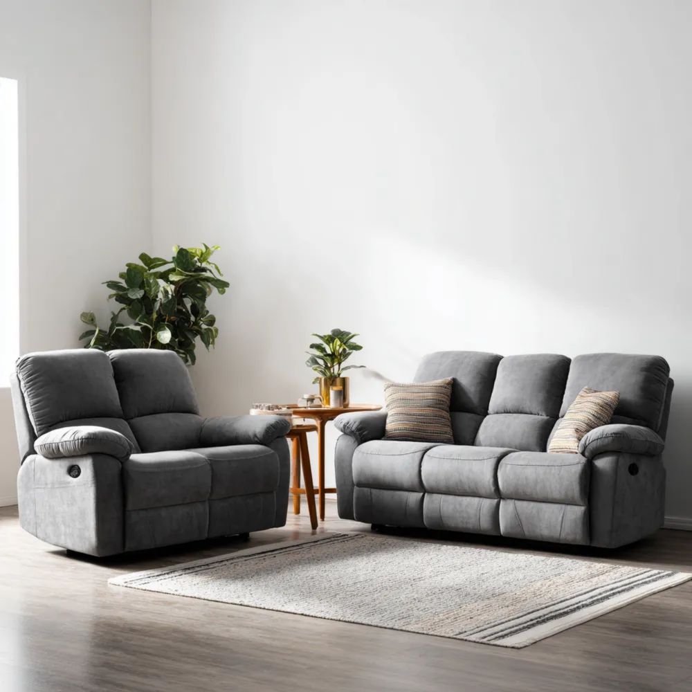 Ensemble de canapés inclinables 3 places et fauteuil - 200x90x100 cm / 100x90x100 cm - Tissu Gris - Design moderne