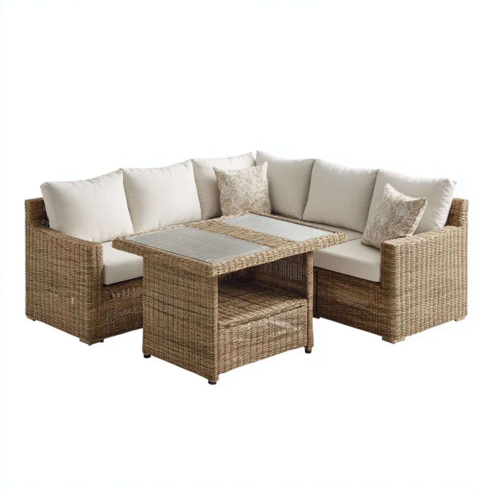 Ensemble de salon de jardin en rotin 210x75x65 cm + table 90x50x40 cm - Beige - Design contemporain