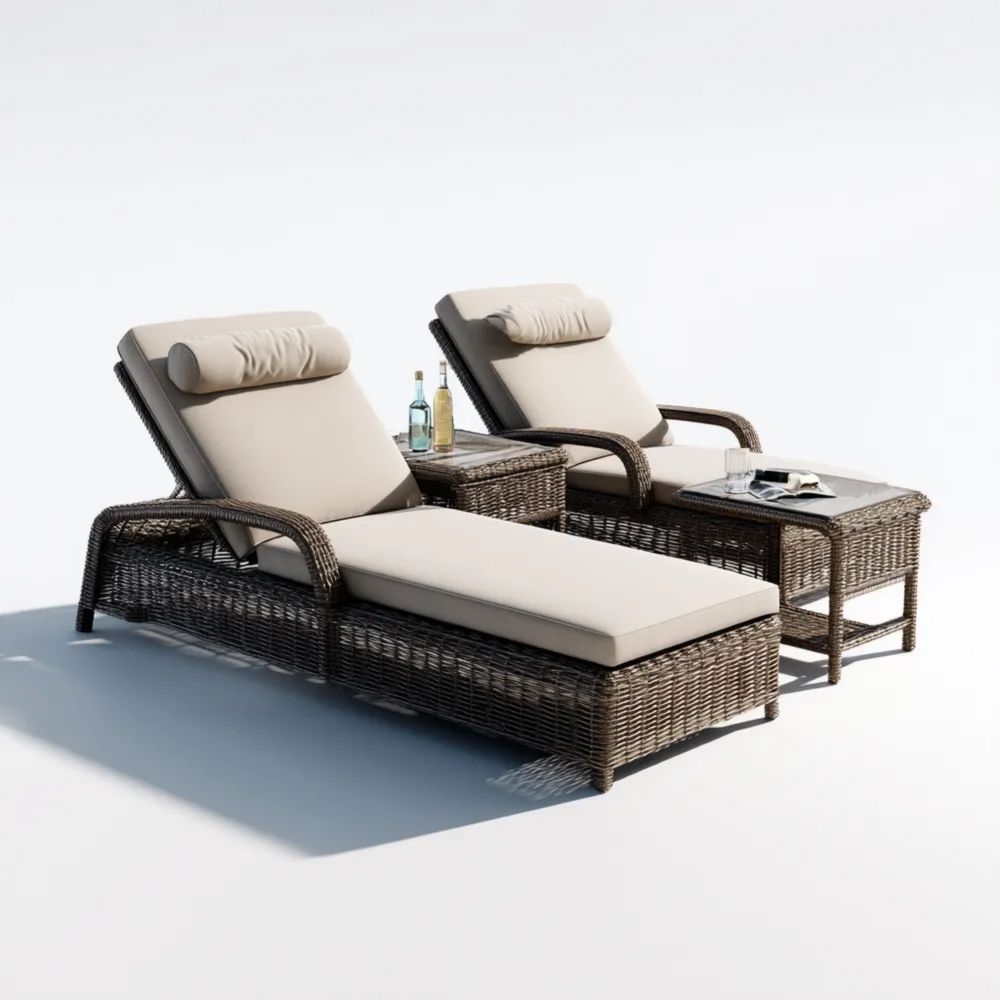 Ensemble de chaises longues de jardin en osier 200x65x35 cm avec coussins Beige - Design moderne