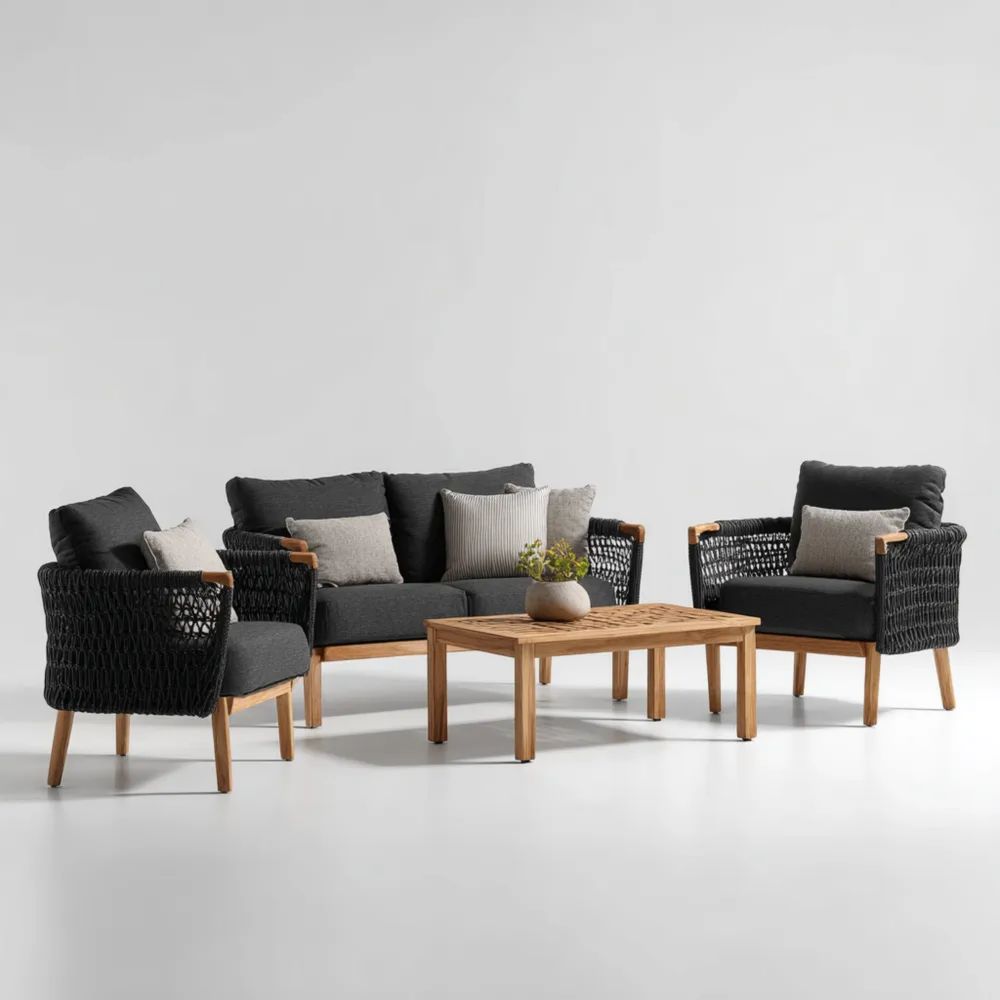 Ensemble de canapés de jardin en bois et corde 200x75x70 cm – Noir/Gris – Design Contemporain