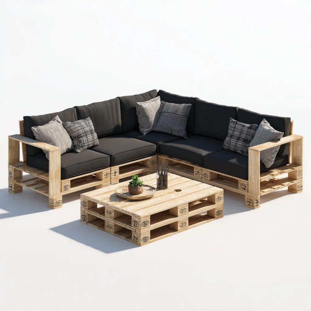 Ensemble de canapés de jardin en bois de palettes 250x190x70 cm avec coussins Noir