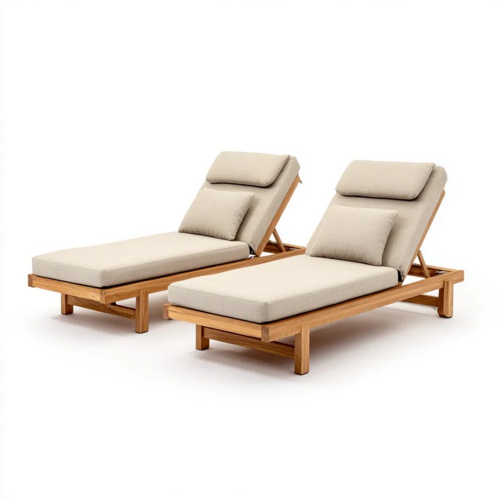 Chaises longues en bois 200x70x35 cm avec coussins - Beige - Design extérieur