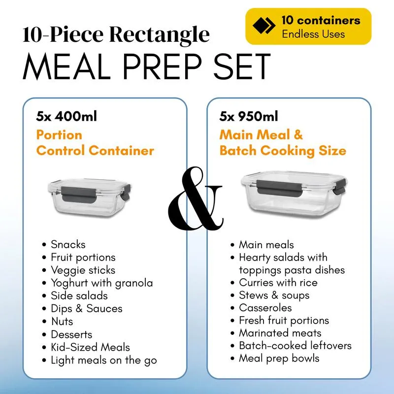 Glass Meal Prep Containers with Airtight Lids – Set of 10 – Reusable Glass Food Storage Containers with Lids – Leakproof, Freezer, Oven, Microwave & Dishwasher Safe